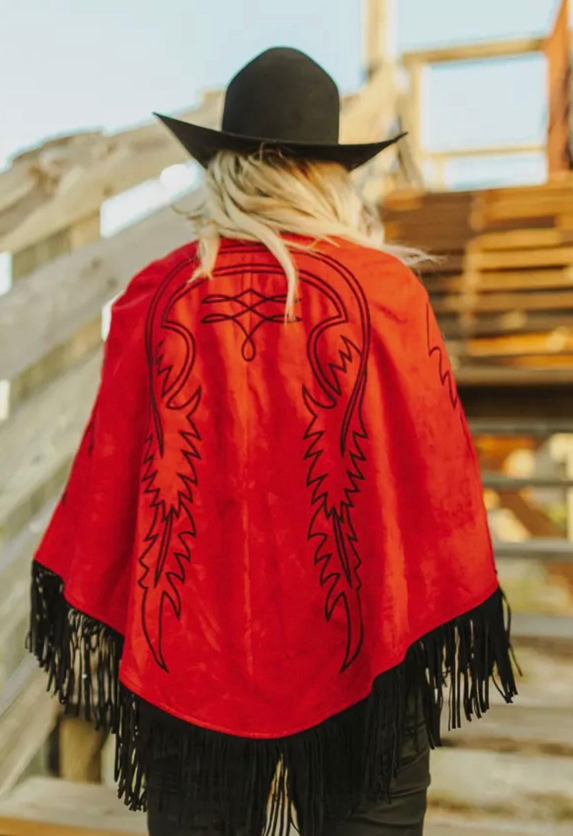 Suede Boot Stitch Embroidered Fringe Cape - PREORDER