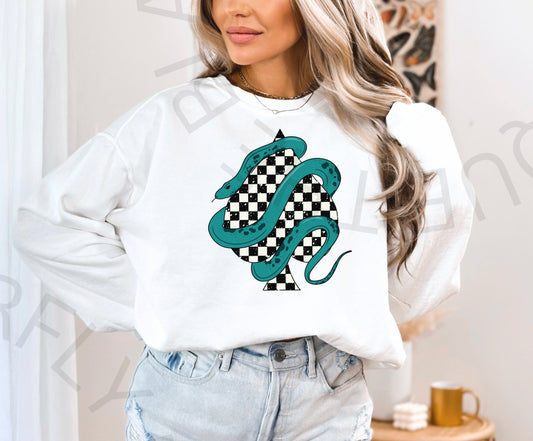 Turquoise Snake Wrapped Checkered Spade Graphic Top