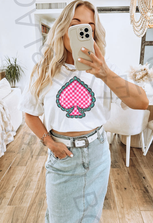 Turquoise Pink Checkered Spade Graphic Top